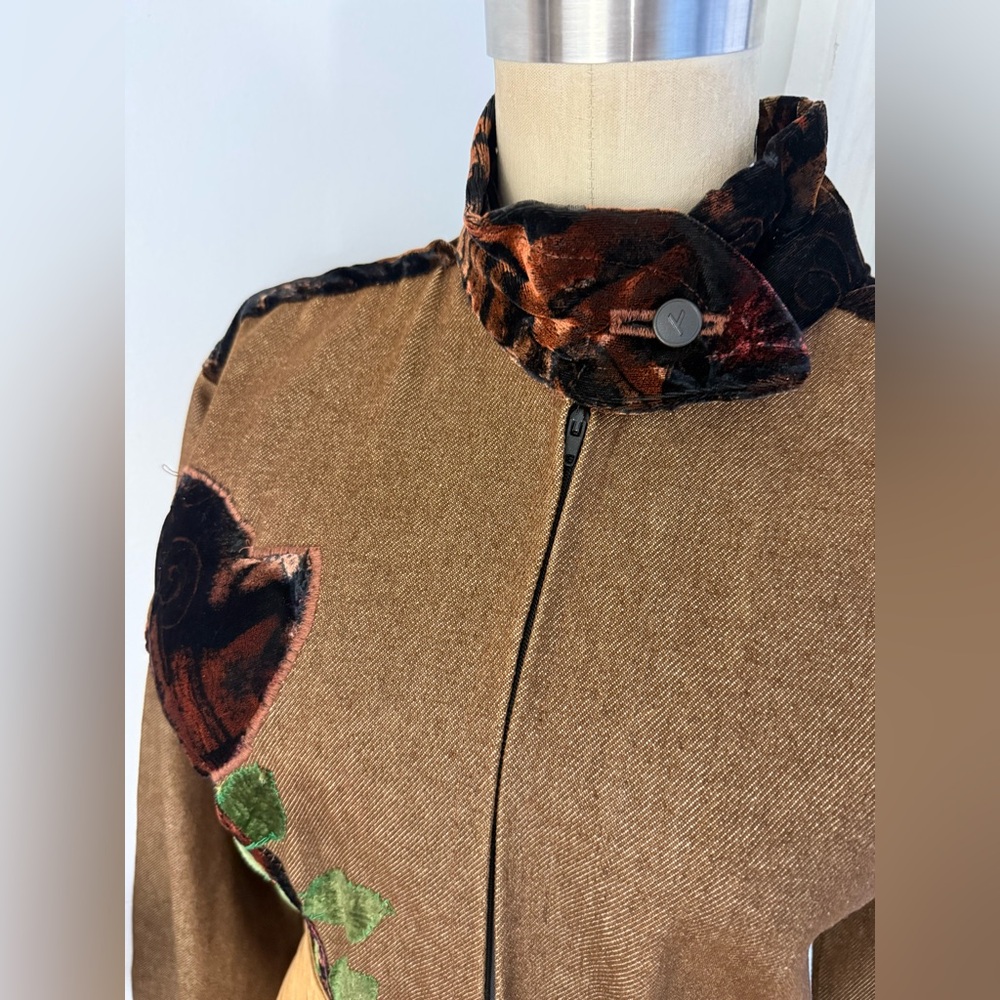 Vintage Raw Denim Brown Half Zip Jacket Velvet Trim Floral Appliqué handmade - Picture 5 of 13